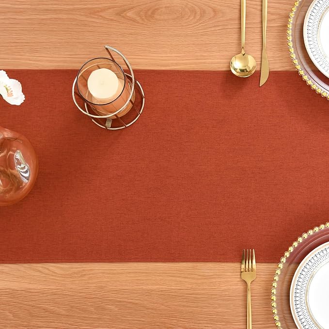 Faux Linen Table Runner Water Resistant 13 x 60 in, Rust | Farmhouse Rustic Table Runners, Coffee Table Runner, Dresser Runners for Bedroom, Living Room, Kitchen, Dining, Party