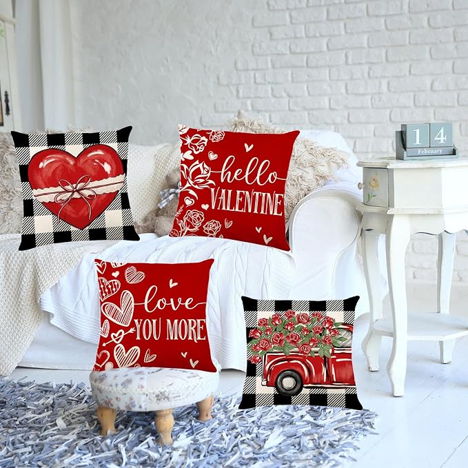 ONFAON Valentines Day Decorations-Valentines Day Pillow Covers 18x18 Set of 4,Red Buffalo Check Valentine's Day Love Heart Throw Pillow Covers Holiday Farmhouse Anniversary Wedding Home Sofa Couch