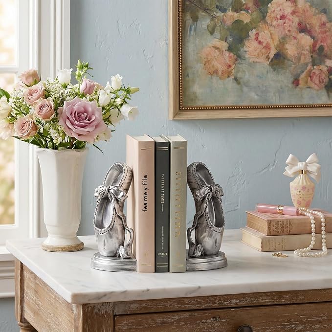 Bookends for Shelves, Ballet Slipper Decorative Bookends - Book Ends with Anti-Slip Pad for Book Lovers Dancers Heavy Book Holder for Home Office Decor (Silver)