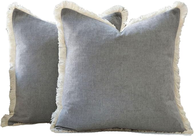 Amor Virisso Fringe Throw Pillow Covers 20x20 Set of 2 Boho Neutral Farmhouse Decorative Pillow Covers with Tassels for Couch Sofa Bed, Light Grey