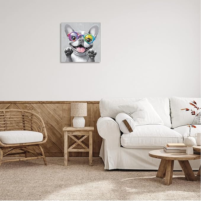 Ypxzzj Cute Dog with Glasses Canvas Wall Art,Funny Bulldog Decor Wall Art Pictures Painting Posters Artworks for Children's room Bedroom Living room Decor Framed Ready to Hang