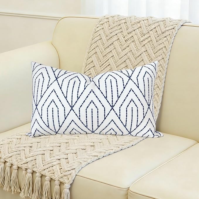 Slow Cow Linen Embroidery Decorative Lumbar Throw Pillow Cover Pillowcase Rectangular Pillow Cover Cushion Cover for Bed Couch Sofa 12 x 20 Inches Navy Blue