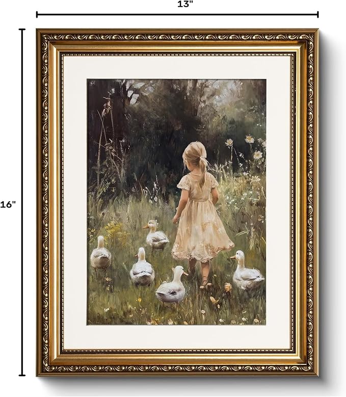 WHASAYART Girl Walking with Ducks Vintage Gold Framed Canvas Wall Art | Rustic Nature Child Scene Wall Decor, Applicable to Nursery Living Room Bedroom Decor, 13x16" Waterproof Canvas Painting