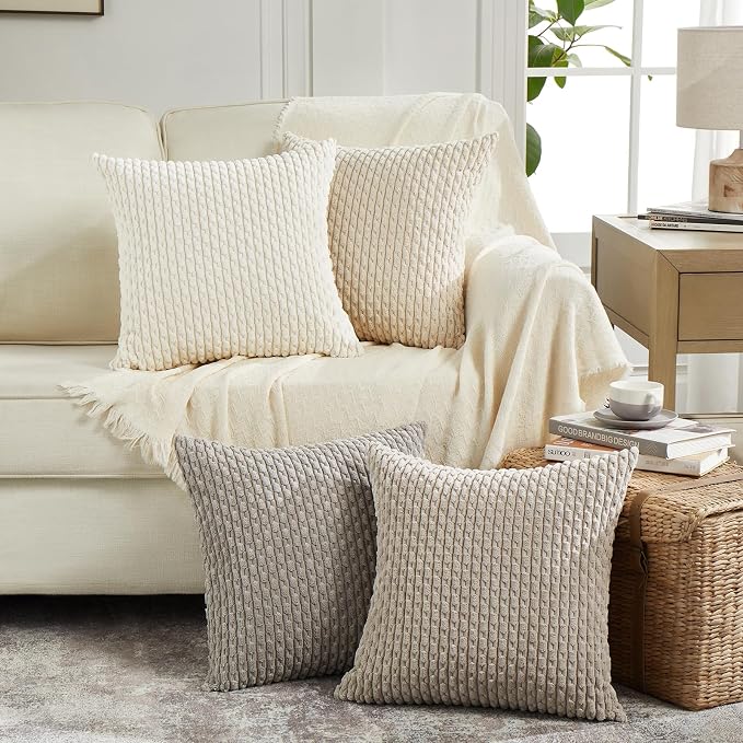 Fancy Homi Set of 2 Neutral Grey Decorative Throw Pillow Covers 16x16 Inch for Couch Bed Sofa Bedroom, Modern Farmhouse Boho Home Decor, Soft Fluffy Textured Corduroy Cute Gray Cushion Case 40x40 cm