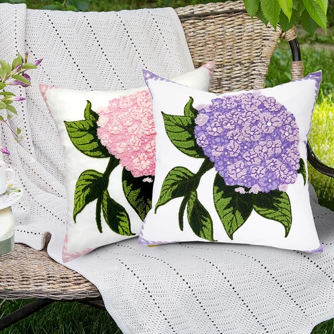 Alysheer Hydrangea Embroidered Decorative Throw Pillow Covers 18"x 18" Set of 2, Purple Lilac Floral Tufted Patterned Cotton Cushion Cases for Couch Bed Living Room Decor