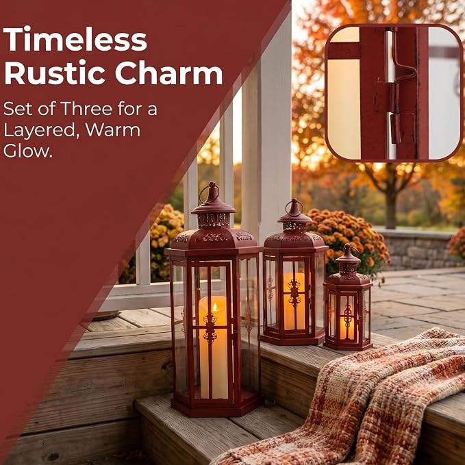 JHY DESIGN Set of 3 Decorative Candle Lanterns 20"&14"&10" H Outdoor Candle Lanterns Vintage Metal Candle Holders for Indoor, Outdoor, Parities, Garden, Porch(Red with Black Brush)