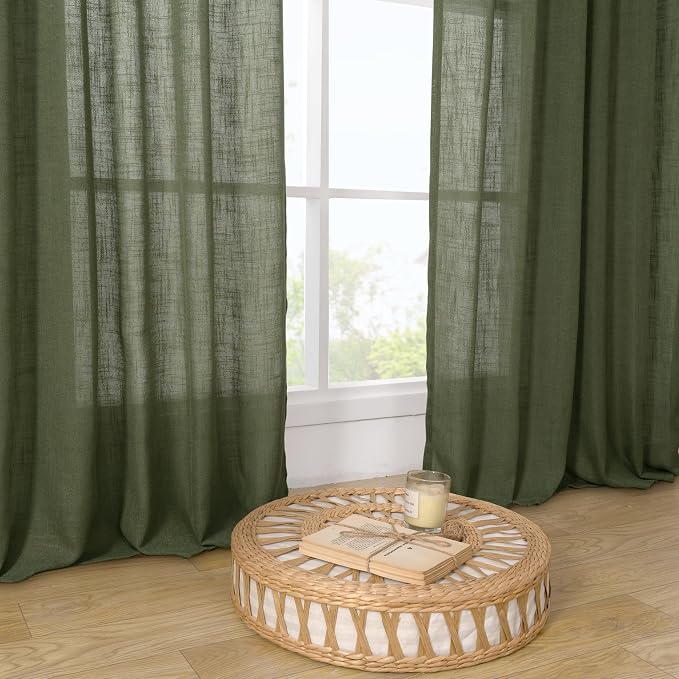 Olive Green Linen Window Sheer Curtains 30 Inches Long 2 Panels | Semi Sheer, Light Filtering, Christmas Drapes for Basement, Small Windows, Cafe, Kitchen, Rod Pocket Back Tab, 34 x 30 Inch