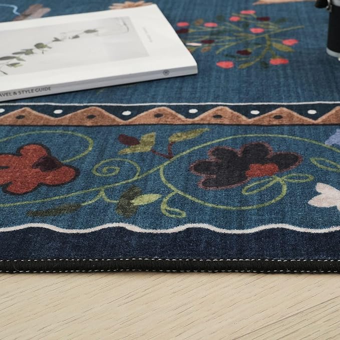 Rugcomf Area Rug 4x6 Rug Washable Boho Rugs Non Slip Low Pile Floral Animal Cat Small Carpet for Bedroom Bedside Kids Room Office Dining Room, Pearl Gentian Blue