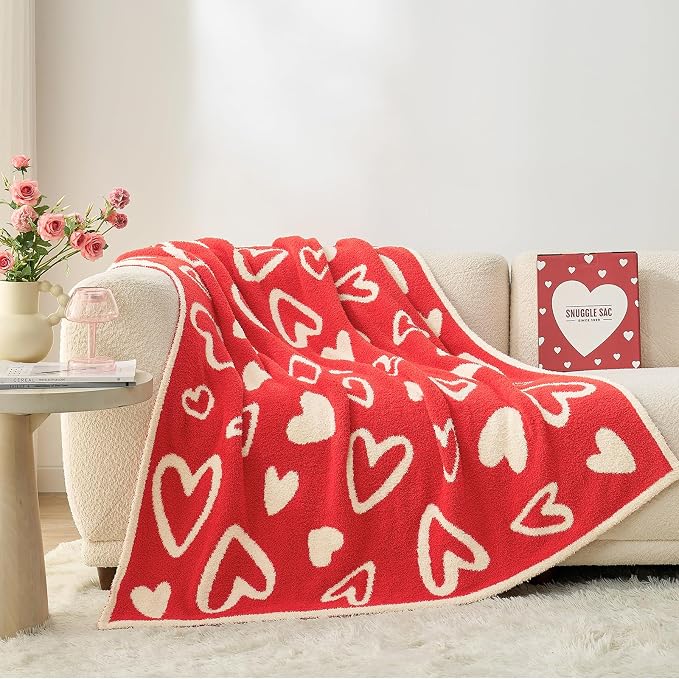 Snuggle Sac Valentines Heart Throw Blanket for Couch, Knitted Super Soft Cozy Blankets Gifts for Her, Microfiber Fuzzy Throws for Couch, Heart Love, 50x60 inches