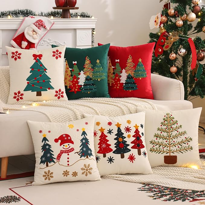 Christmas Throw Pillow Covers 18x18 Set of 2 Forest Green Tree