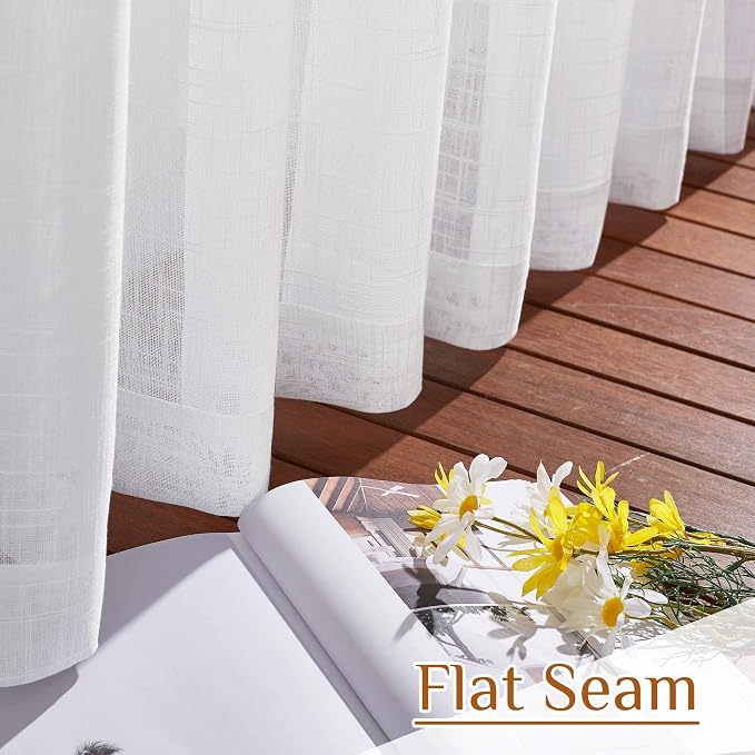 NICETOWN White Faux Linen 48 inch Curtains for Cafe, Rod Pocket & Back Tab Linen Weave Window Treatments Privacy with Light Filtering Semi Sheer Curtains for Kitchen, W42 x L48, 2 Panels