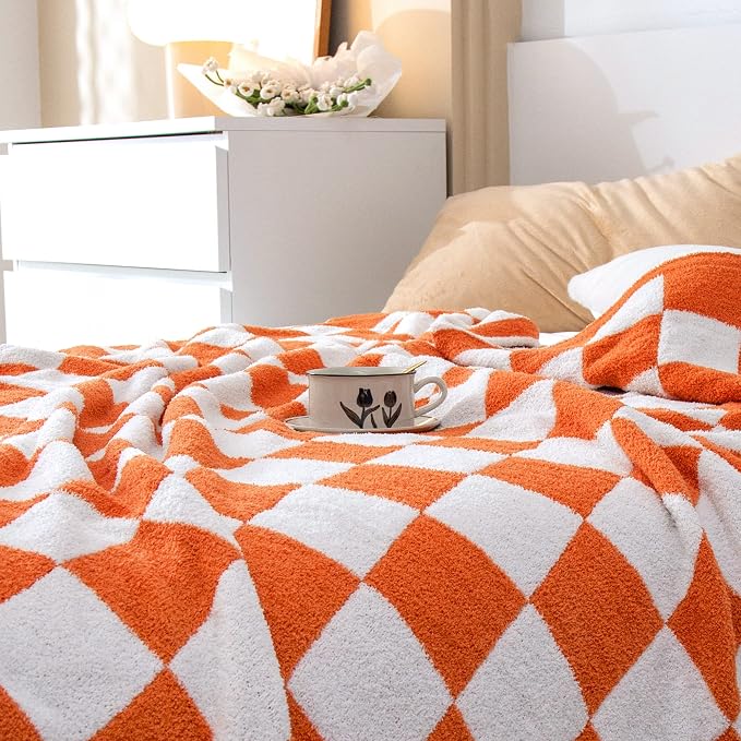 SeaRoomy CheckeredThrow Blanket, Soft Fluffy Microfiber Knit Throw Blanket for Couch Bed, Warm Cozy Reversible Checkerboard Knitted Blanket Room Decor(Burnt Orange, 51"×63") | Warm,Cozy,Fluffy,Lightweight,Gift for Women Couch Sofa Bed Room Decor
