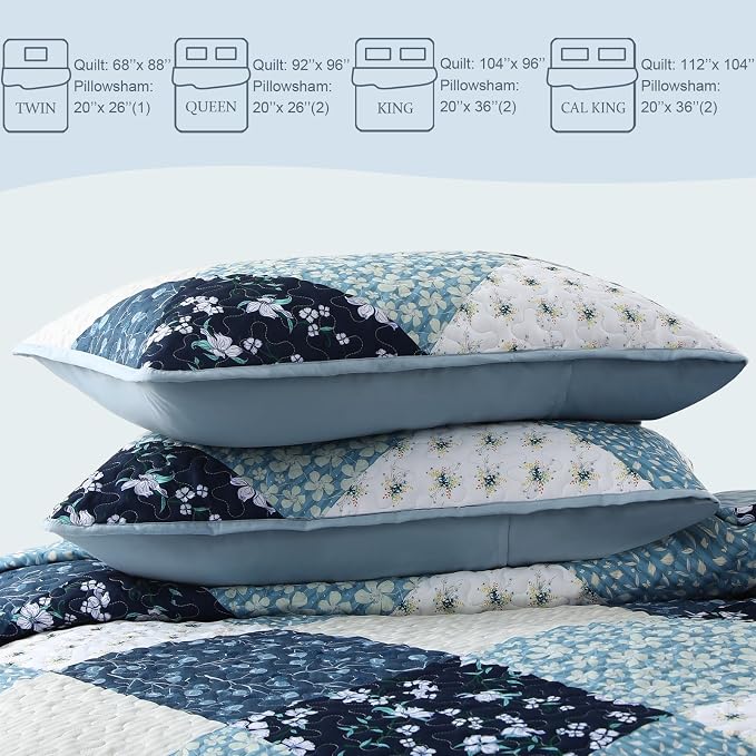Exclusivo Mezcla Reversible Boho Quilt King Size Blue | Lightweight Soft Bedspreads, All Season Patchwork Coverlet Bedding Set, Printed Floral Pattern, 1 Quilt and 2 Pillow Shams