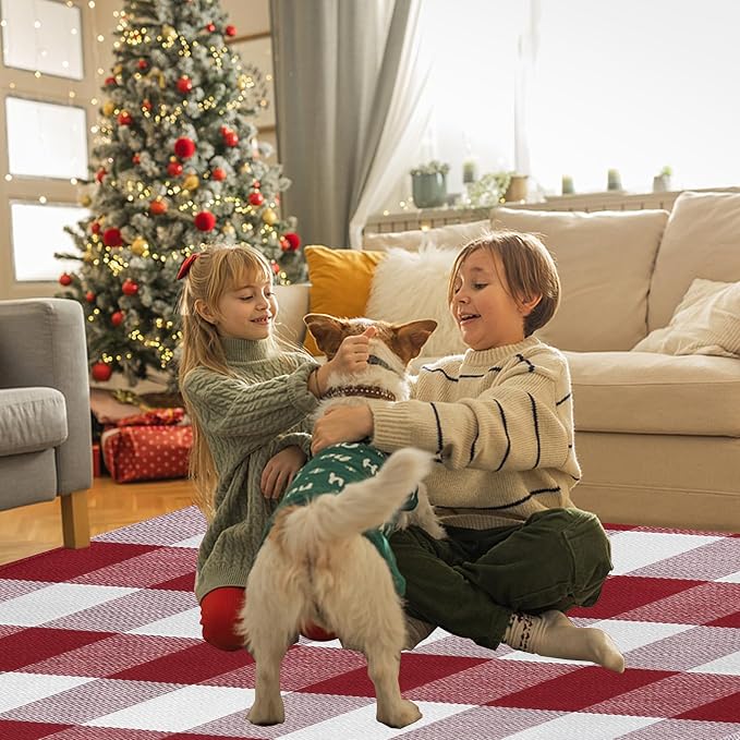 Buffalo Plaid Area Rug, Checkered Rug 27.5x43 Inches, Red and White Rug, Washable Cotton Mat for Front Porch, Entryway, Kitchen, Living Room, Home Decor