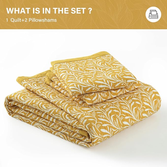 SahSahCasa Quilt Set Queen Size, 100% Cotton Quilt Bedding Set Bedspread, Botanical Pattern Solid Color Chic Lightweight Quilted Comforter for Queen Bed, Mustard Yellow, All Season, 3 Pieces