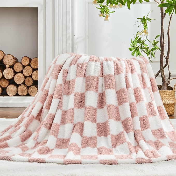 NEWCOSPLAY Knitted Throw Blanket for Couch Sofa Bed, Pink White, 50"x60" | Super Soft Plush, Fuzzy Fluffy Microfiber, Lightweight Cozy Blanket for Room Decor, All Season Use
