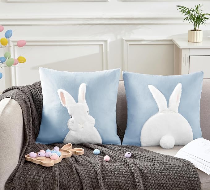 Pack of 2 Spring Easter Pillow Covers 18x18 Inch,3D Embroidered Bunny Rabbit Pillowcase Throw Covers Velvet Easter Decorative Cushion Cover (Blue-2PCS)