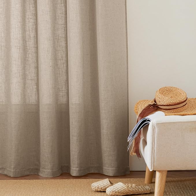 RYB HOME Sheer Linen Curtains 90 inches Long for Living Room | Rod Pocket, Easy Sliding, Linen Blend, Light Filtering, Privacy Protected, Dining Room Bedroom, Khaki, 2 Panels