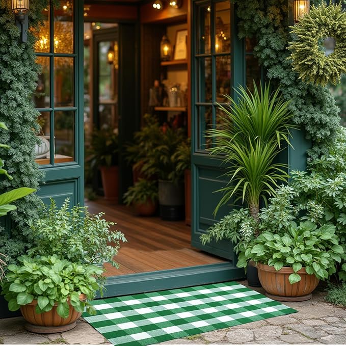 Buffalo Plaid Area Rug, Checkered Rug 27.5x43 Inches, Green and White Rug, Washable Cotton Mat for Front Porch, Entryway, Kitchen, Living Room, Home Decor