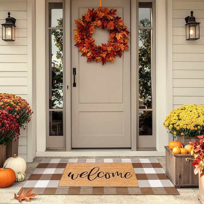 LEEVAN Fall Buffalo Plaid Outdoor Rugs 2x4.3 Checkered Layering Doormat | Washable Brown and White Small Autumn Front Porch Door Mat, Hand Woven Cotton Fall Entryway Rug for Kitchen Patio Bathroom