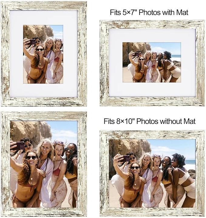 8x10 Picture Frame-Vintage White,5x7 Mat,Tempered Glass,Engineered Wood