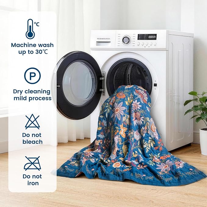 MSGKV Boho Throw Blanket 60"x80" 100% Cotton Twin Floral Throw for Couch | 100% Cotton Throw, Twin Floral Pattern, Reversible Woven, Summer Breathable, Lightweight, Home Decor, Machine Washable