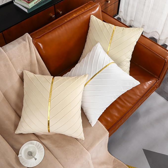 Velvet Throw Pillow Covers 20x20 inch Pack of 2 Gold Decor White