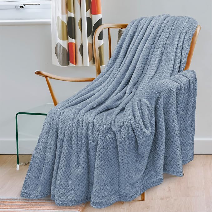 PAVILIA Dusty Blue Fleece Throw Blanket for Couch Sofa Bed, Soft Fuzzy Waffle Jacquard Microfiber, Warm Lightweight Fade-Resistant Decorative All Season Throw, 50x60