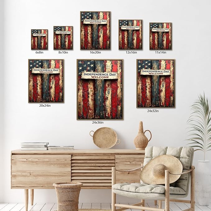 American Flag Framed Canvas Wall Art, 4th of July Patriotic Canvas Prints | USA Flag Wood Texture Poster Print, 4th of July Red White Blue Wall Decor for Bedroom Living Room 20×24in