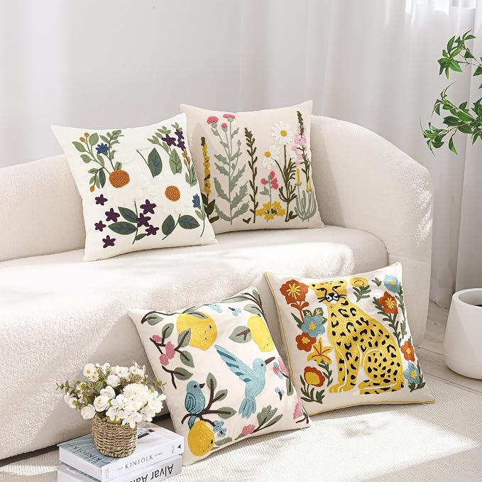 Embroidered Throw Pillow Covers 18x18 Pack of 2 Floral Decorative Pillow Covers Daisy Flowers Tufted Pillowcases Farmhouse Pillow Cushion Cases Square Pillow Case Summer Home Decor