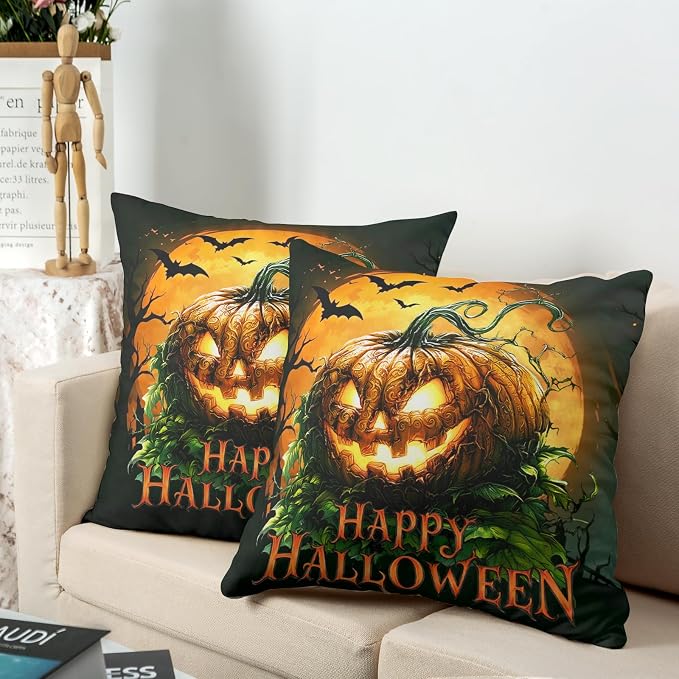 Happy Halloween Pillow Covers Spooky Pumpkin Throw Pillow Covers 18x18 Set of 2 Jack-O'-Lantern Outdoor Pillow Cases Full Moon Bat Cushion Cases for Sofa Couch Patio Porch Garden