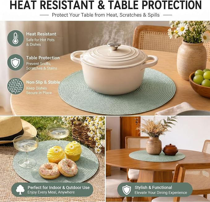 FunWheat Round Braided Placemats Set of 8 Place Mats for Dining Table Woven Washable Non-Slip Table Mats 15 Inch(Fog Green,8pcs)