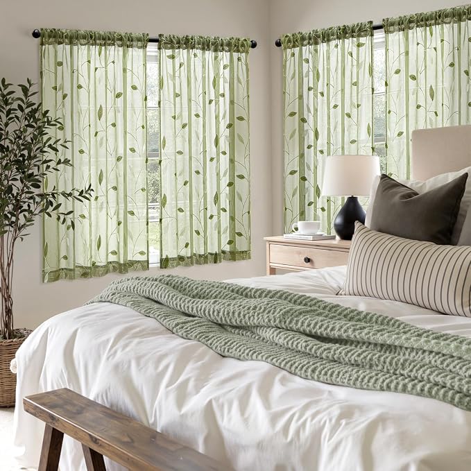 MIULEE Sage Green Sheer Curtains 2 Panels Leaf Patterned, W52 x L54 | Embroidered Floral Semi Sheer,Rod Pocket,Faux Linen,Short Window Curtains Drapes Set for Kitchen/Bathroom/Cafe