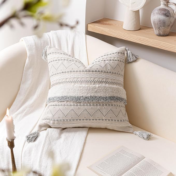 BlissBlush Gray Decorative Throw Pillow Covers 18X18 Combo Set of 2 Square Boho Neutral Grey Accent Pillowcase Tassels Farmhouse Cushion for Couch Sofa Bedroom Living Room Home Décor Cover ONLY