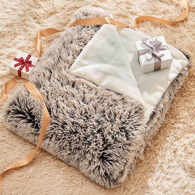 GONAAP Fuzzy Faux Fur Throw Blanket for Couch, Frosty Brown, 50"x60" | Warm Cozy Plush Shaggy Decorative Reversible Thick Non-Heated Fleece Blanket for Sofa Bed, Gift for Women Men, All Season Use