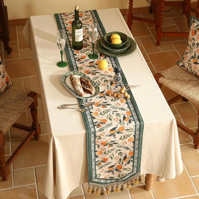 Patdrea Designer Vintage French Linen Table Runner,12"X87"-Palladin A | Tablerunner 87 Inches Long,Orange Floral Pattern,Thanksgiving Dining Table Decor for Living Room Banquet,Tassel Edge