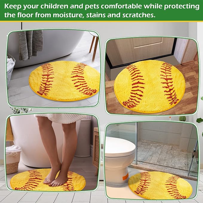 Funtery 25.5" Round Softball Rug for Girls Room Decor, Plush Washable Sports Bath Mat & Non-Slip Absorbent Aesthetic Carpet for Teen Bedroom Bathroom College Dorm Room Back to School Aesthetic Gift