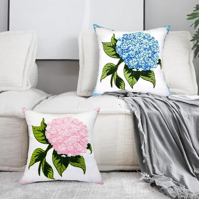 Alysheer Spring Hydrangea Embroidered Decorative Throw Pillow Covers 18"x 18" Set of 2, Summer Floral Tufted Patterned Light Pink Cotton Cushion Cases for Couch Bed Living Room Decor