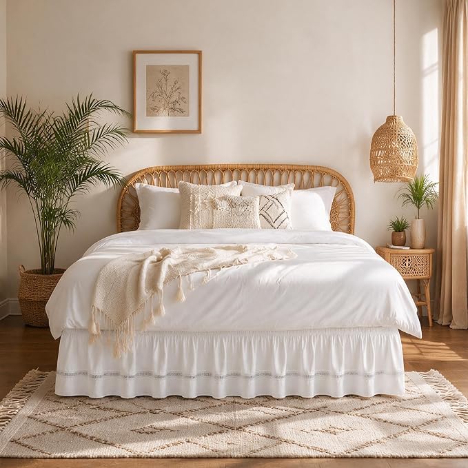 Ruffled Lace Bed Skirt King 15" Drop, Elastic Wrap Around Bedskirt | Solid Ruffled, Easy to Use, No Mattress Lifting, Wrinkle & Fade Resistant, with Adhesive Strips, Machine Wash/Dry/Iron