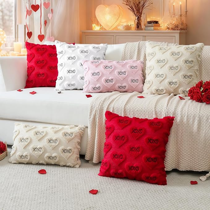 Artscope Valentines Pillow Covers 20x20 Set of 2 Decorative Love Heart XOXO Valentine's Day Throw Pillow Cases Soft Plush Faux Fur Couch Cushion Case for Holiday Sofa Bed Room Home Decor-White XOXO