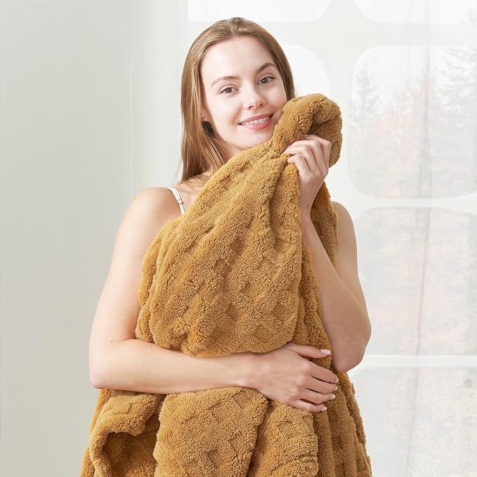 Cozy Bliss Ultrasoft Waffle Throw Blanket, Fluffy Cute Plush Blanket for Couch, Bed, Modern Home Accent, Portable for Picnic or Outdoor, Brown, 50"x60"