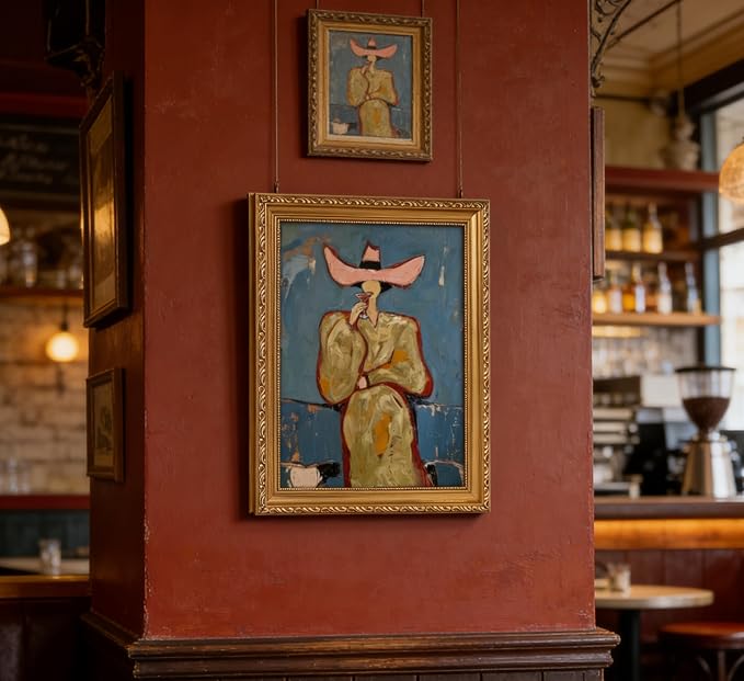 Vintage Gold Framed Bar Wall Art, Modern Western Cowgirl With Martini Canvas Print, Red and Pink Abstract Woman Painting Picture, Cocktail Poster Print Artwork for Kitchen Dining Room Home Bar