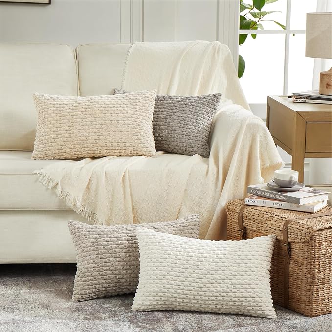 Fancy Homi Set of 2 Boho Grey Lumbar Decorative Throw Pillow Covers 12x20 Inch for Couch Bed Chair, Neutral Farmhouse Home Decor, Soft Fluffy Corduroy Rectangle Aesthetic Cushion Case 30x50 cm