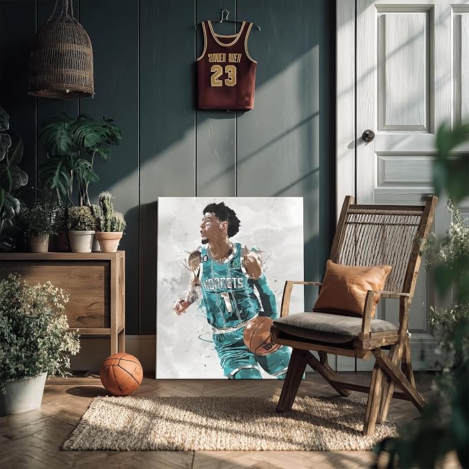 Lamelo Ball Basketball Canvas Wall Art, Sports Player Poster, 24x30 Inch | Abstract splash ink athletic artwork, motivational sports wall decor for teen boys room, bedroom, living room, gym or office