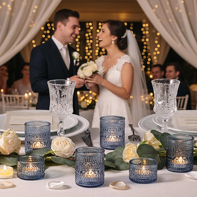 NITIME Blue Glass Votive Candle Holders Set of 24, Assorted Heights Polka Dot Tealight Candle Holders for Table Centerpiece, Blue Candle Holder Decor for Wedding, Baby Shower Party & Spa