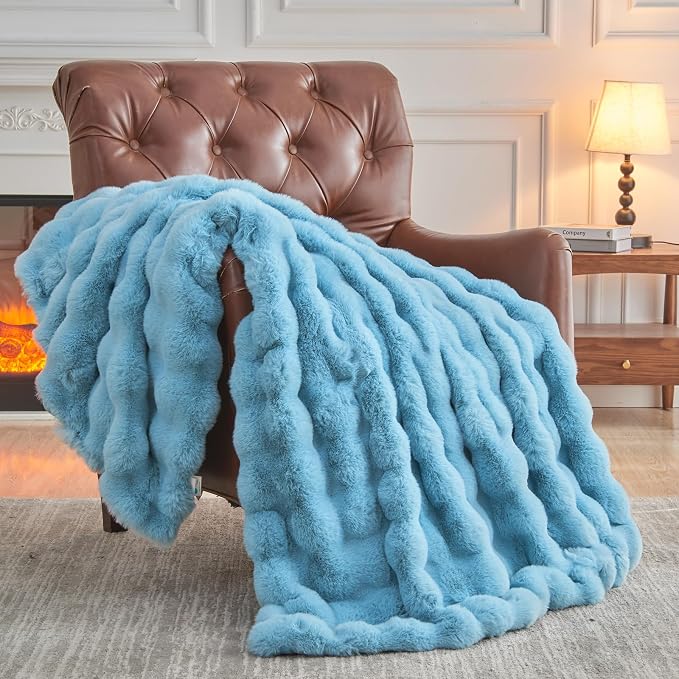 NEWCOSPLAY Faux Fur Thick Bubble Twin Blanket for Couch, Blue, 60"x80" | Luxury Fluffy Thick Warm Bubble Blanket for Couch Sofa Bed 1000GSM, Soft Plush Cozy Decorative Throw, Gift for Women Men