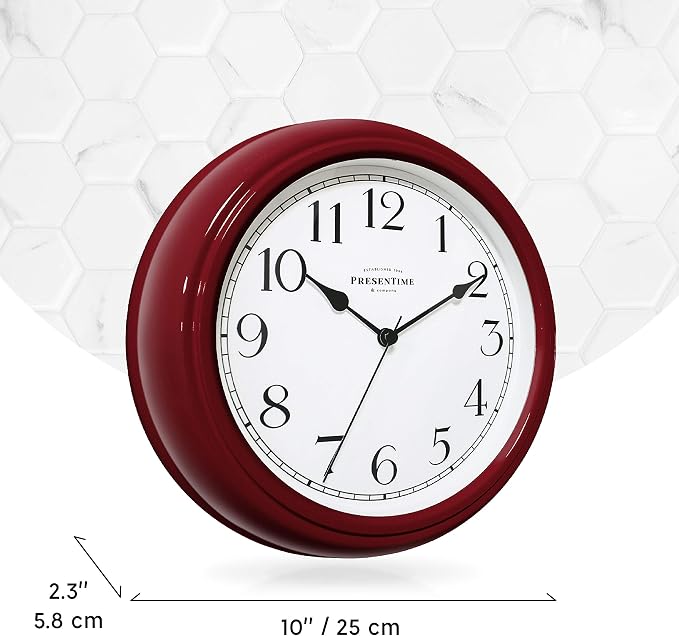 Presentime Chic Home Collection 10" Molly Clock | Silent No Ticking, Red Color. Modern Decorative Wall Clock for Kitchen, Kid's Room, Bathroom, Bedroom, and Office