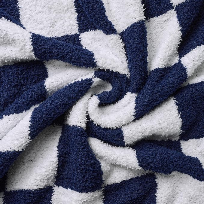 Checkered Throw Blanket for Couch, Soft Cozy Warm Knitted Blankets | Lightweight Fuzzy Travel Warm Decor for Women, Mom, Girls, Sofa, Chair, 50x70in, Dark Blue