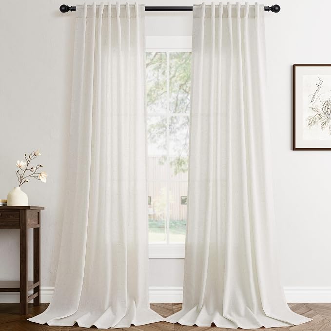 Jowels Natural Linen Curtains 84 Inch Long 2 Panels for Living Room | Ivory Light Filtering Sheer Curtain,Back Tab Pocket Pleated Look,Modern Farmhouse Textured Privacy Drapes for Bedroom Window