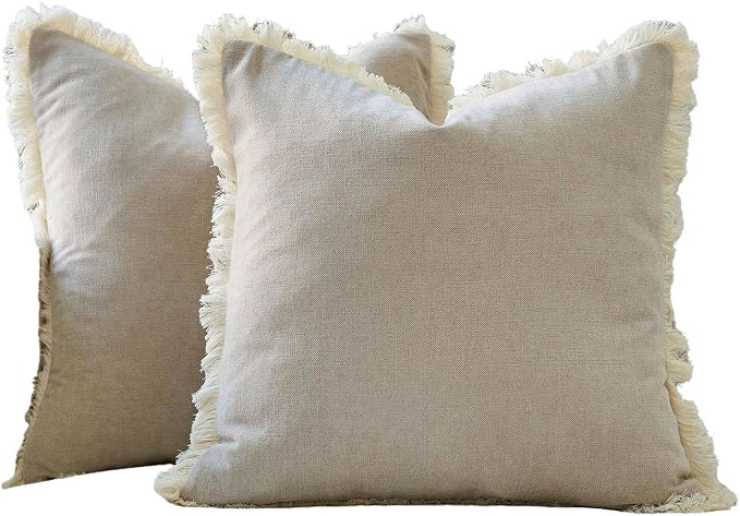 Amor Virisso Fringe Throw Pillow Covers 20x20 Set of 2 Boho Neutral Farmhouse Decorative Pillow Covers with Tassels for Couch Sofa Bed, Neutral
